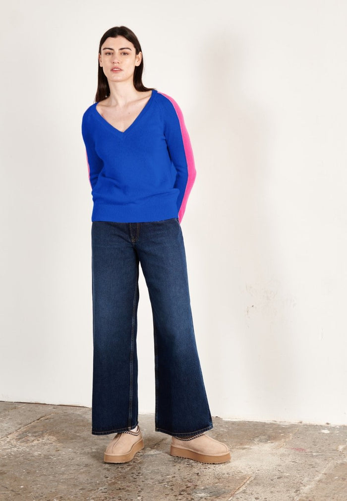 Pull col V cachemire bleu pétrole/rose indien femme - RIA 1
