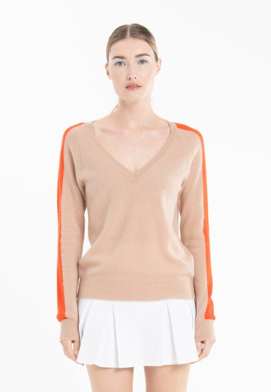 Pull col V cachemire camel clair/mandarine femme - RIA 1