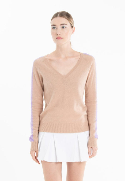 Pull col V cachemire camel clair/violet femme - RIA 1