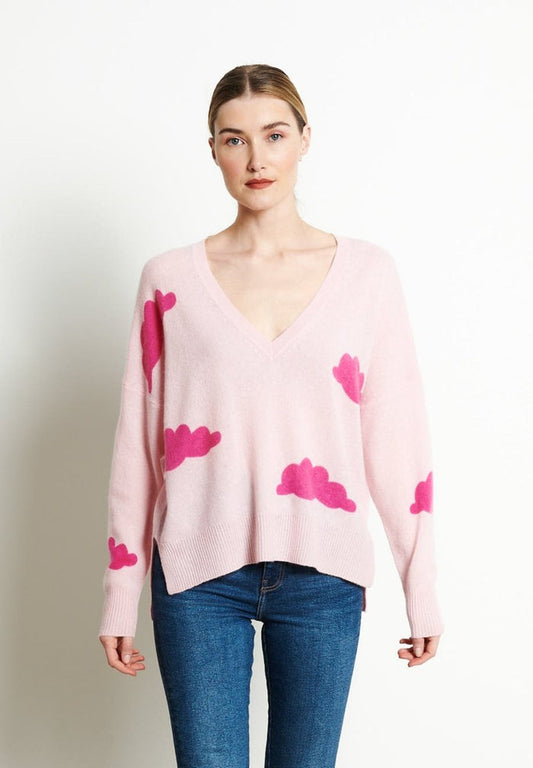 RIA 20 Pull col V oversize imprimé nuage en cachemire rose baby/rose indien