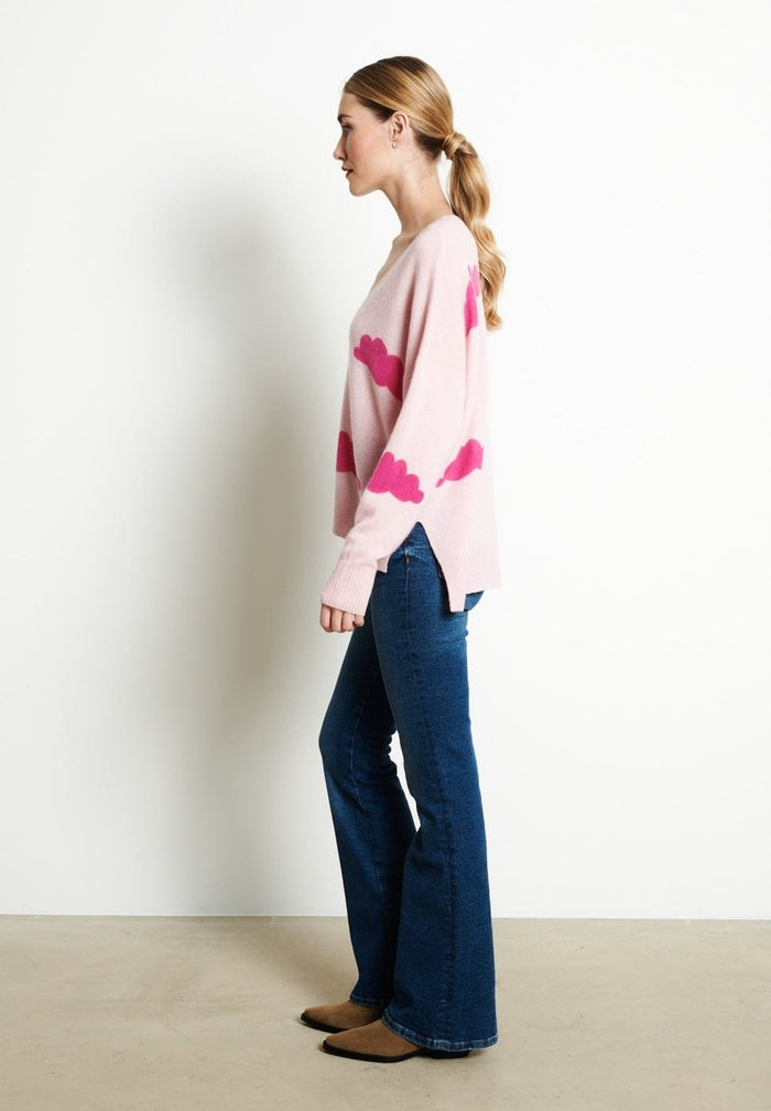 RIA 20 Pull col V oversize imprimé nuage en cachemire rose baby/rose indien