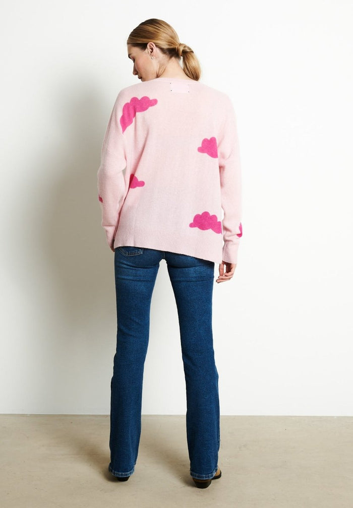 RIA 20 Pull col V oversize imprimé nuage en cachemire rose baby/rose indien