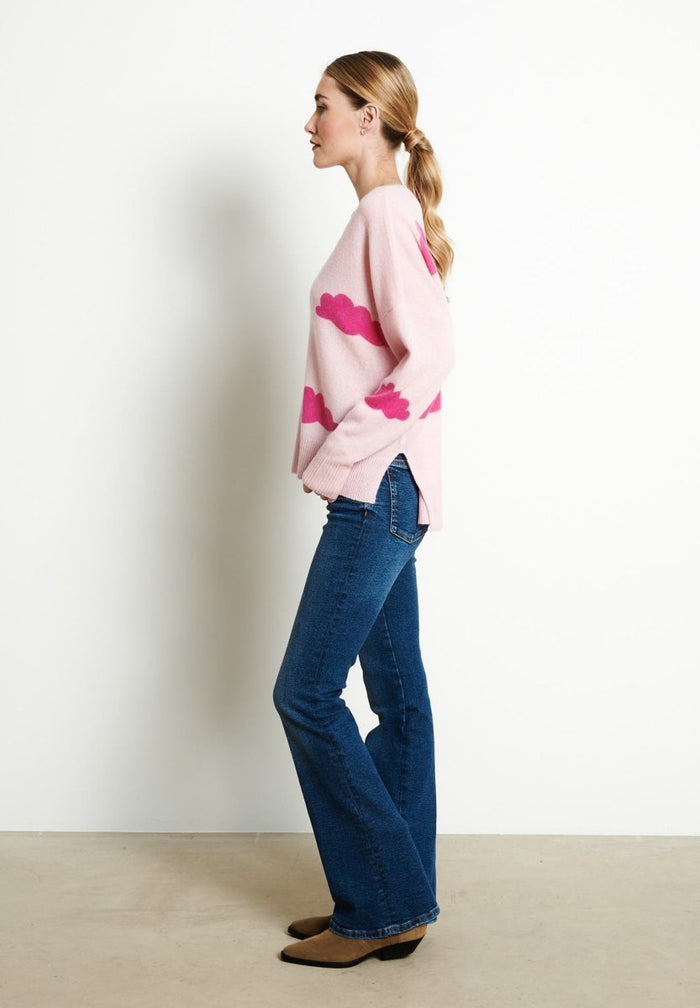 RIA 20 Pull col V oversize imprimé nuage en cachemire rose baby/rose indien