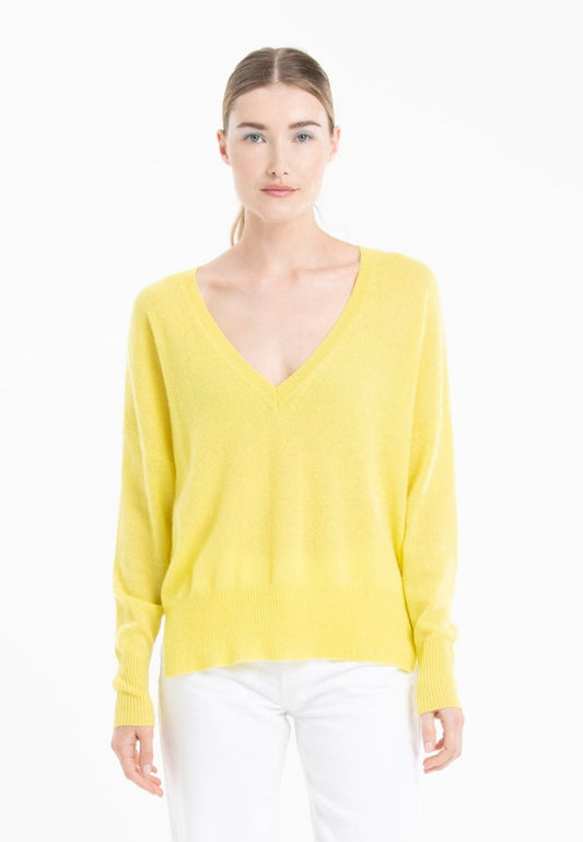 Pull col V cachemire jaune fluo femme - RIA 3