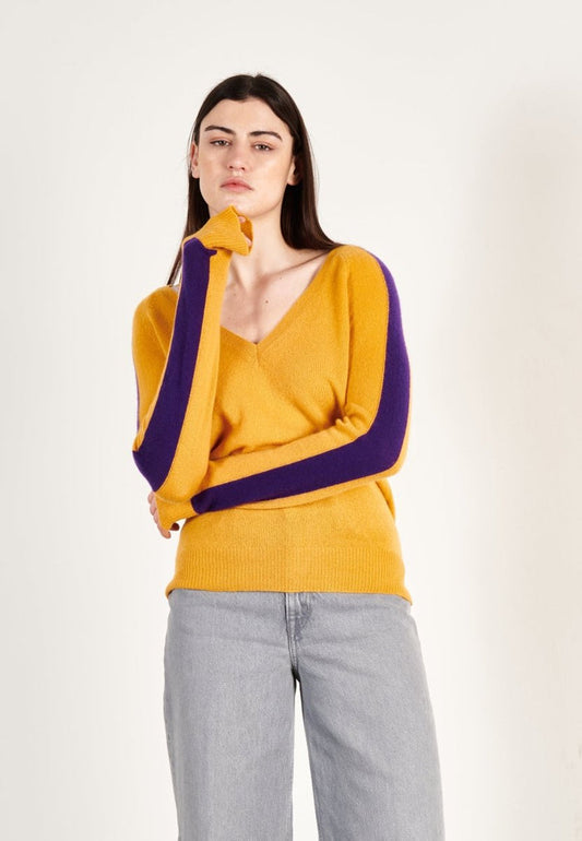 Pull col V cachemire moutarde/violet femme - RIA 1