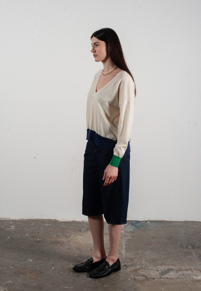 Pull col V femme en cachemire & laine ultrafin blanc & vert & bleu marine - KELLY 10