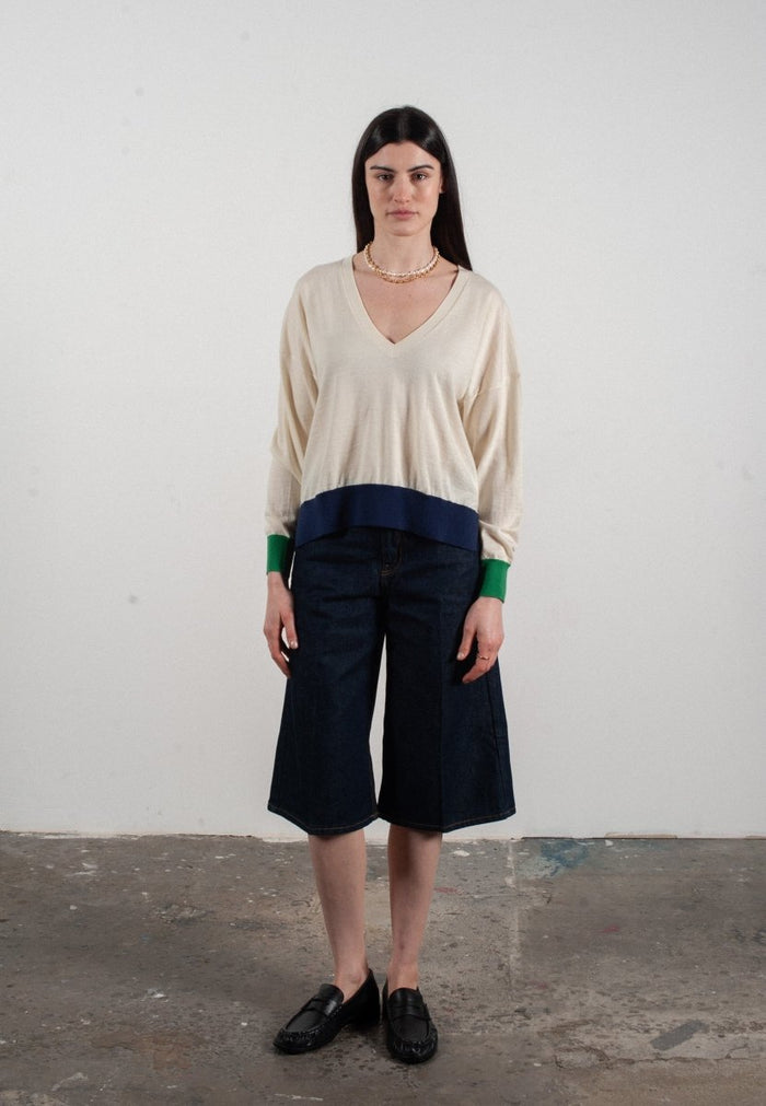 Pull col V femme en cachemire & laine ultrafin blanc & vert & bleu marine - KELLY 10