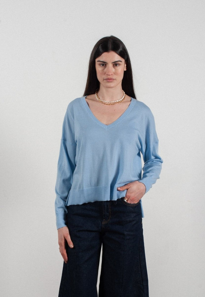 Pull col V femme en cachemire & laine ultrafin bleu ciel - KELLY 10