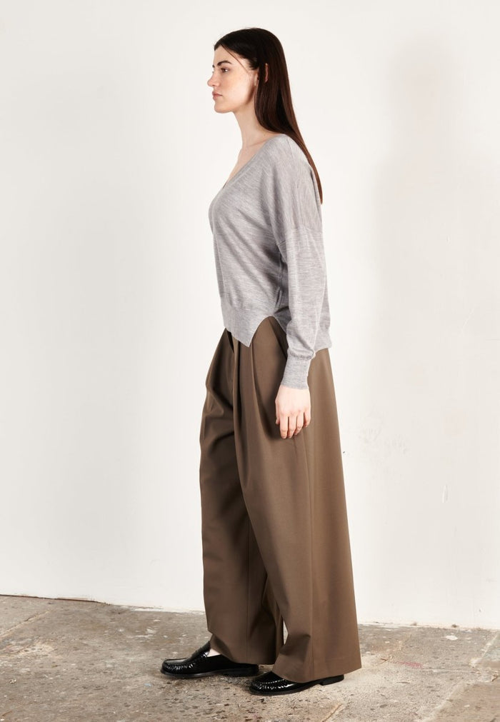 Pull col V oversize ultrafin cachemire et laine gris femme - KELLY 10