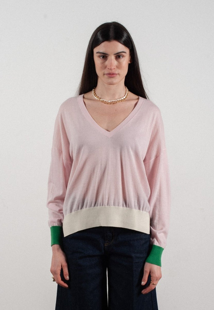 Pull col V femme en cachemire & laine ultrafin lavande & vert & blanc - KELLY 10