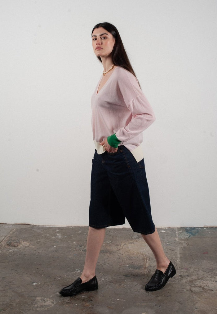 Pull col V femme en cachemire & laine ultrafin lavande & vert & blanc - KELLY 10