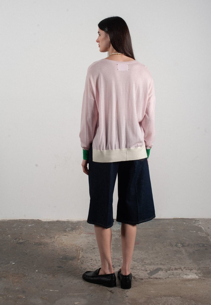 Pull col V femme en cachemire & laine ultrafin lavande & vert & blanc - KELLY 10