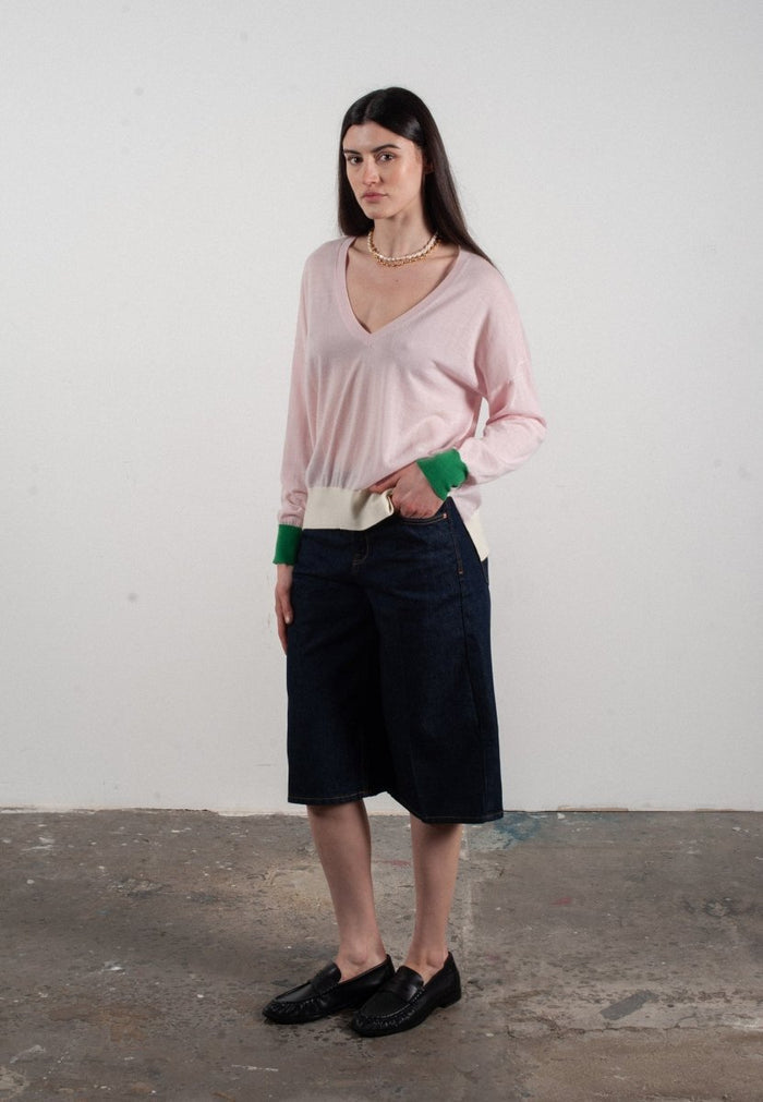Pull col V femme en cachemire & laine ultrafin lavande & vert & blanc - KELLY 10