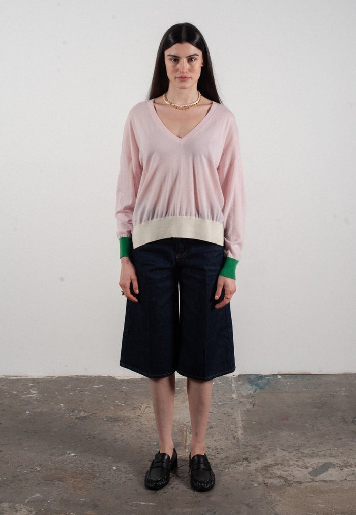 Pull col V femme en cachemire & laine ultrafin lavande & vert & blanc - KELLY 10