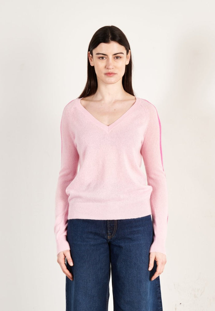 Pull col V cachemire rose baby/rose indien femme - RIA 1