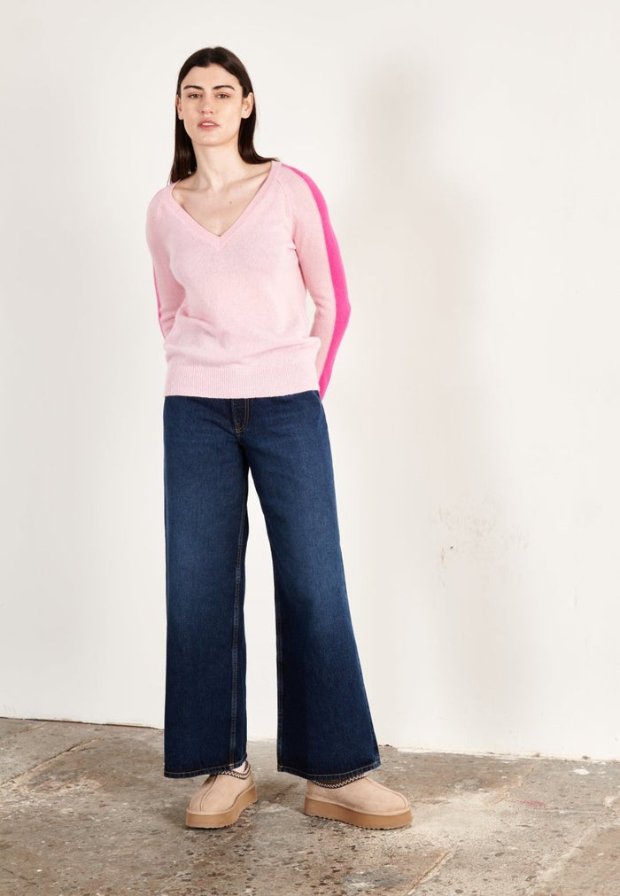Pull col V cachemire rose baby/rose indien femme - RIA 1