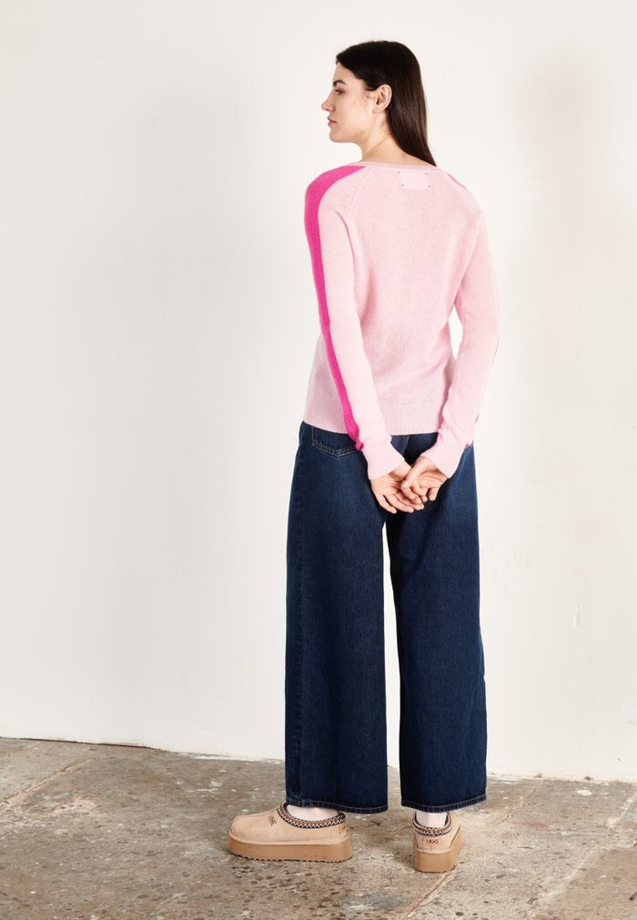 Pull col V cachemire rose baby/rose indien femme - RIA 1
