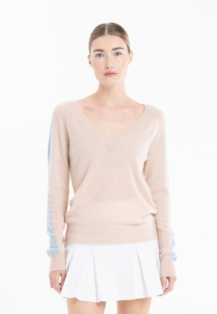 Pull col V cachemire skin/baby blue femme - RIA 1