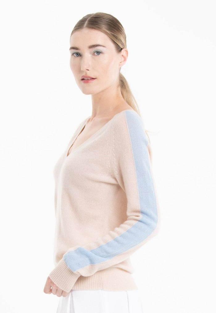 Pull col V cachemire skin/baby blue femme - RIA 1