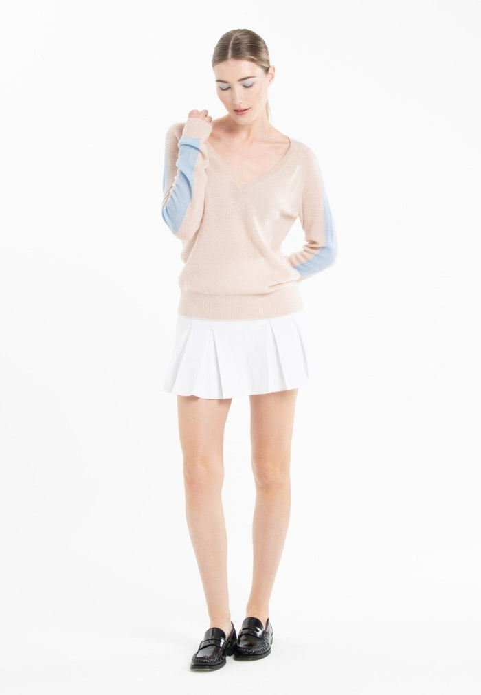 Pull col V cachemire skin/baby blue femme - RIA 1
