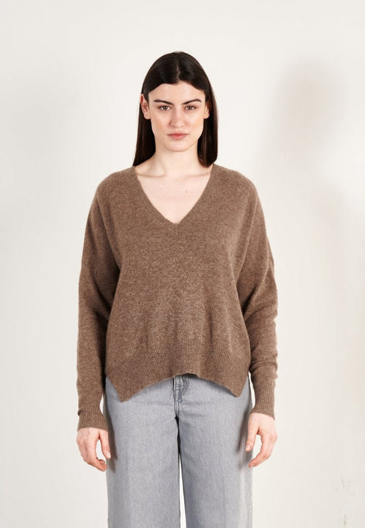 Pull col V cachemire taupe femme - RIA 3