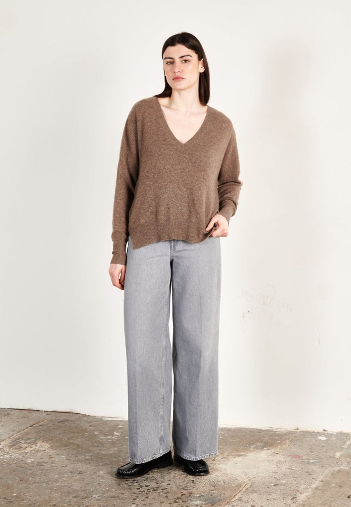 Pull col V cachemire taupe femme - RIA 3