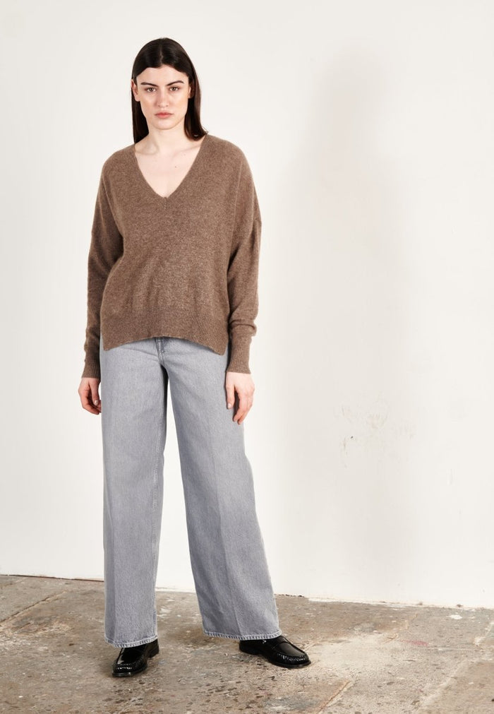 Pull col V cachemire taupe femme - RIA 3