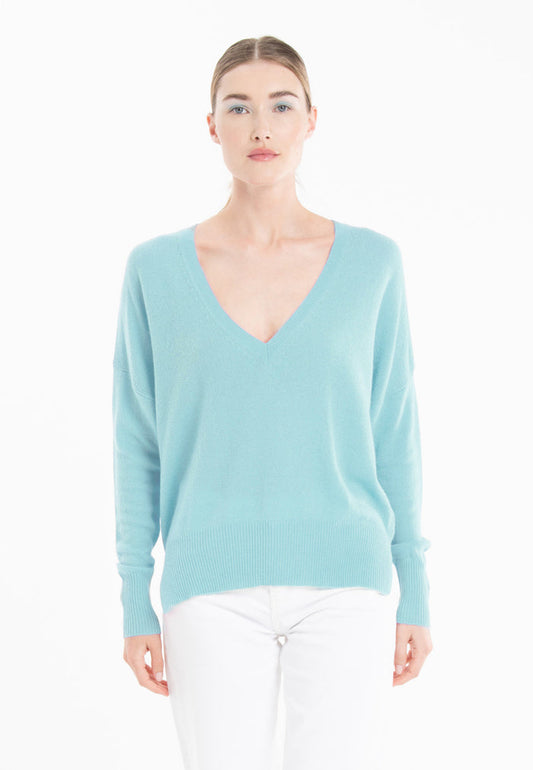 Pull col V femme en cachemire turquoise - RIA 3