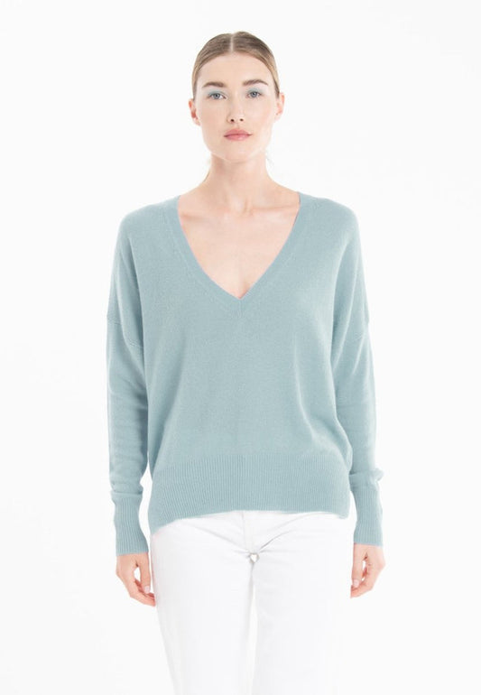 Pull col V cachemire vert d'eau femme - RIA 3