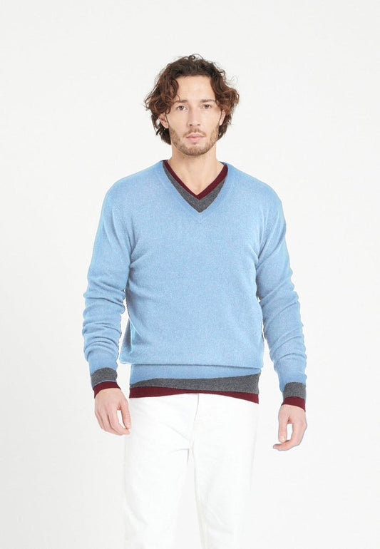 Pull col V homme en cachemire bleu ciel - LUKE 1
