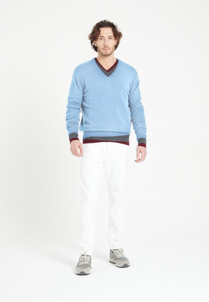 Pull col V homme en cachemire bleu ciel - LUKE 1