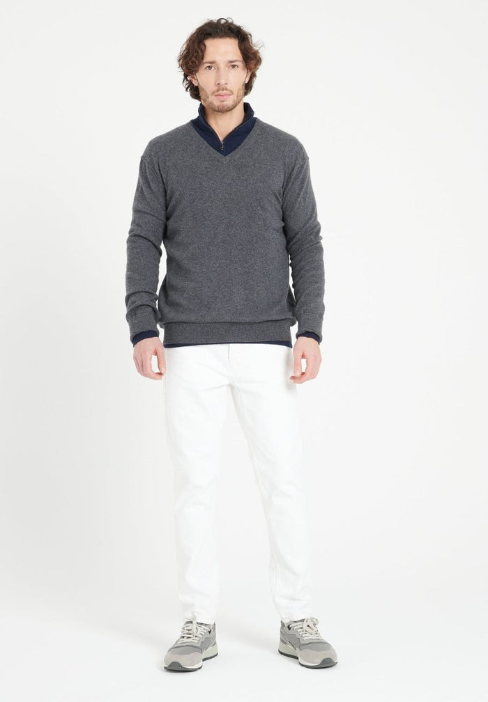 LUKE 11 Pull col V en cachemire gris anthracite