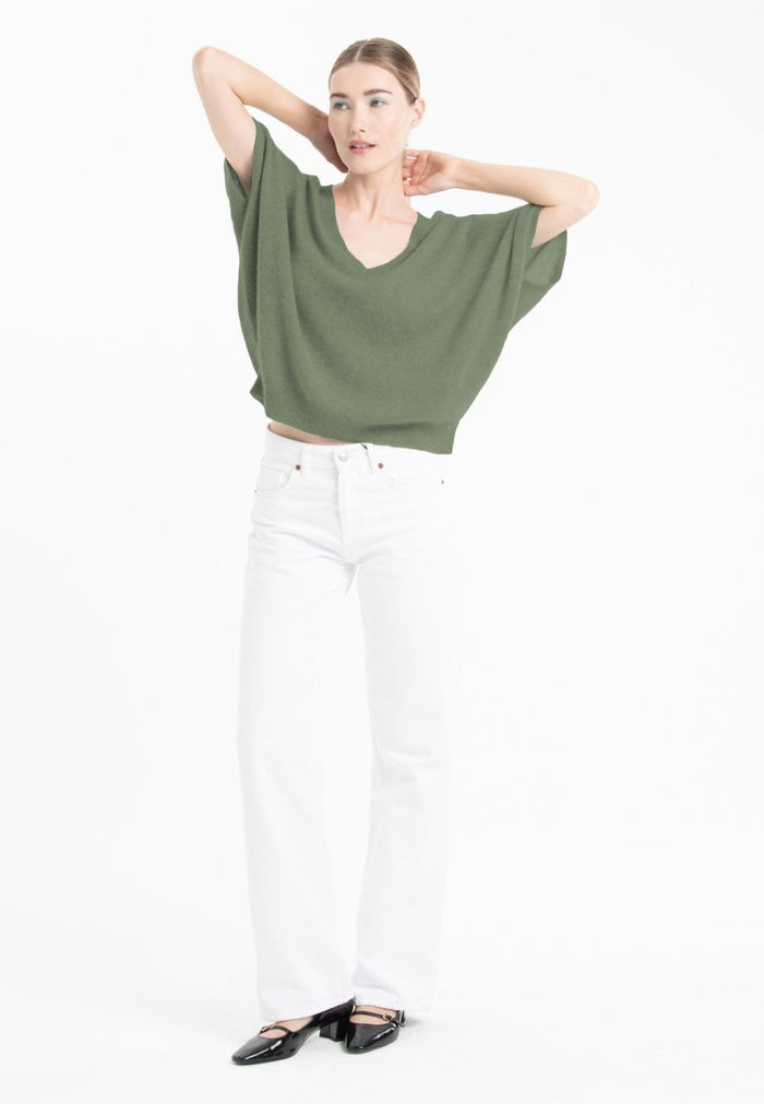 Pull col V cachemire kaki militaire femme - RIA 25