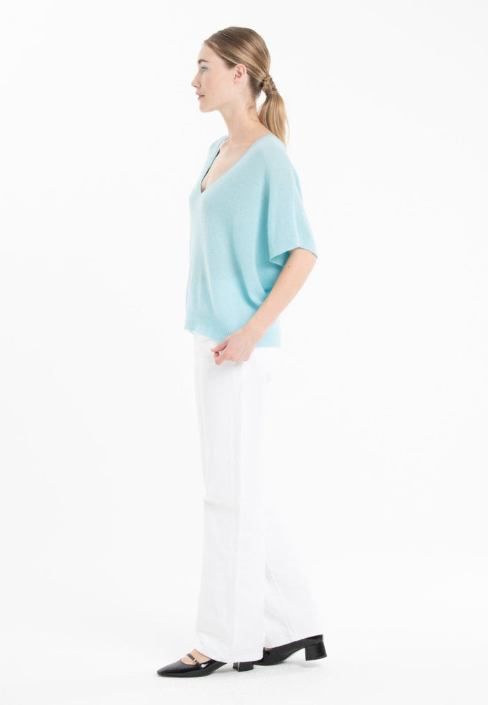 Pull col V cachemire turquoise femme - RIA 25