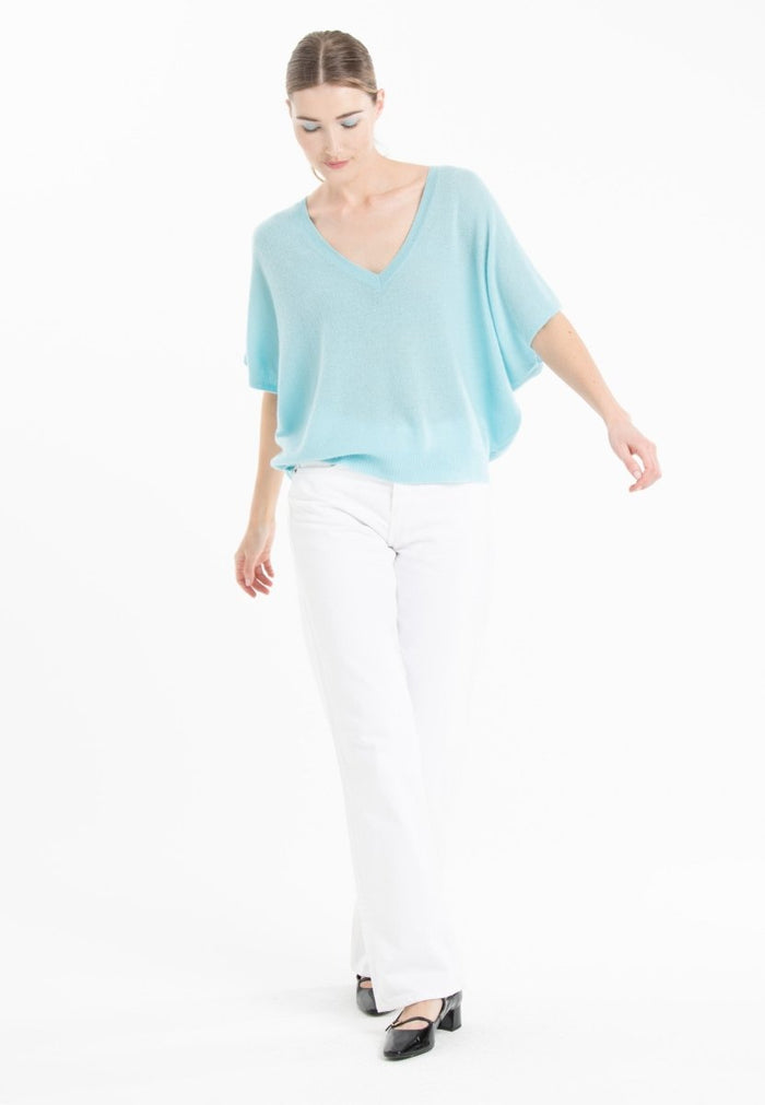 Pull col V cachemire turquoise femme - RIA 25