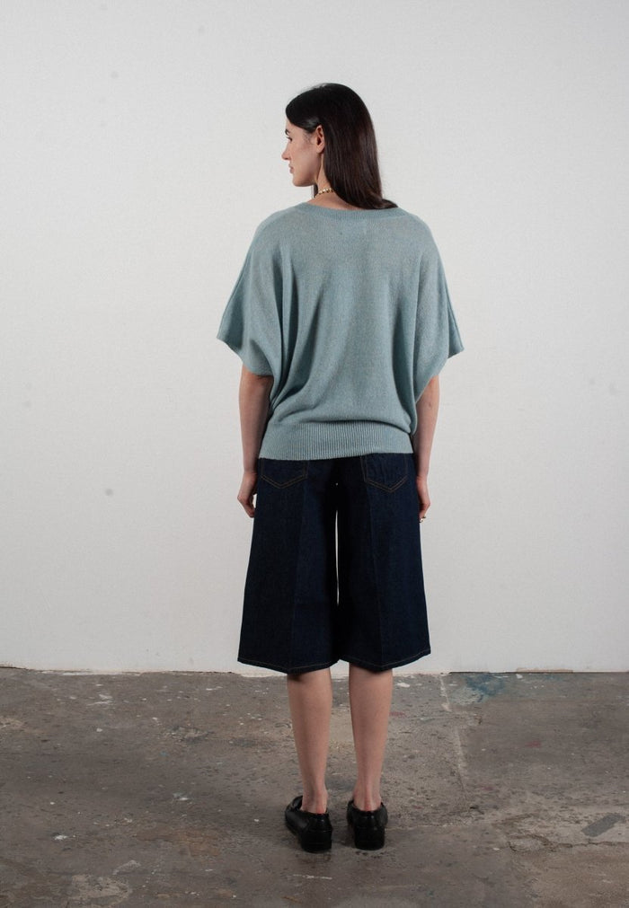 Pull col V manches chave souris femme en cachemire vert d'eau - RIA 25