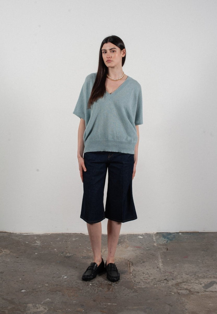 Pull col V manches chave souris femme en cachemire vert d'eau - RIA 25