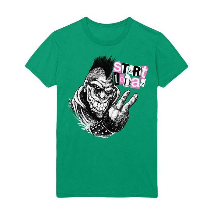 Gorilla Biscuits green T-shirt with a black-and-white cartoon punk gorilla (mohawk, leather jacket, spiked bracelet) flashing a peace sign. START tODaY text above in mixed fonts and colors.