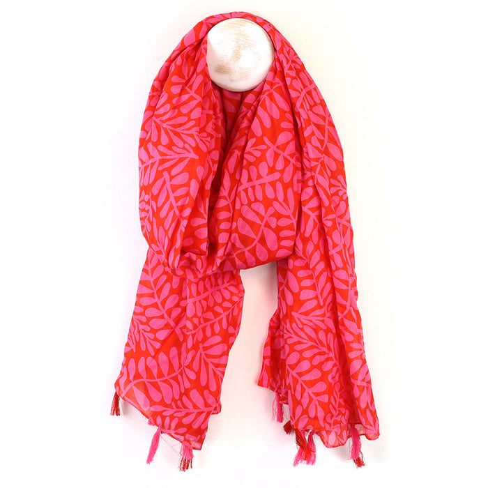 Red/Pink Vine Silhouette Organic Cotton Scarf with Tassels