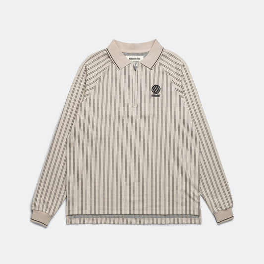 Ribbed LS Striped Polo - Tan