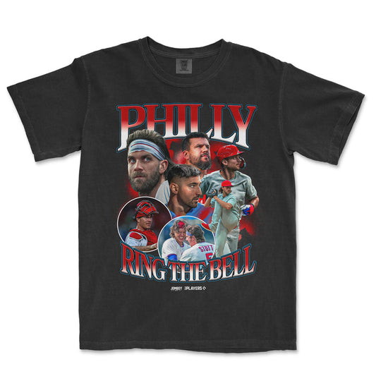Black T-shirt featuring a collage of baseball players with "Philly Ring the Bell" text in bold red and blue letters.