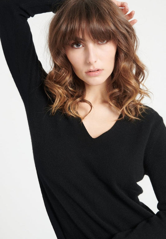 LILLY 10 Robe col V en cachemire noir