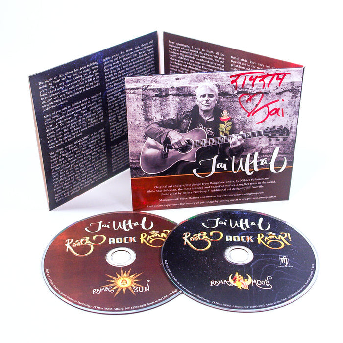 Jai Uttal CD set with two discs labeled Roots, Rock, Rama! (Sun and Moon editions) and an open booklet showing a man with a guitar, autograph, and R.A.S.A. text.
