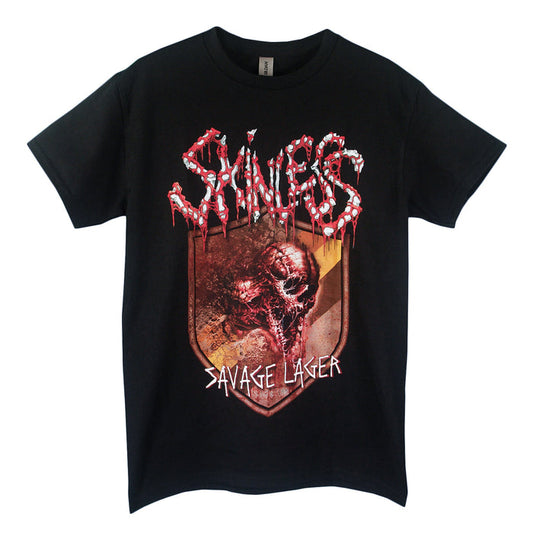 Black Skinless t-shirt in Gildan Heavy Cotton, features Skinless in blood-dripping letters, a savage monster face graphic, and Savage Lager at the bottom in rough white text.