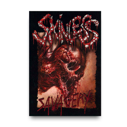 A poster displays grotesque, blood-red artwork of a distorted skull. At the top, the brand name Skinless appears in drippy, flesh-like letters, while Savagery is written in bold blood-red text at the bottom.