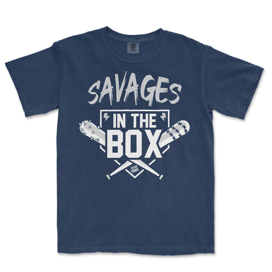 Blue T-shirt with "Savages in the Box" text, featuring cartoon-style baseball bats and a small "Talking Yankees" logo.