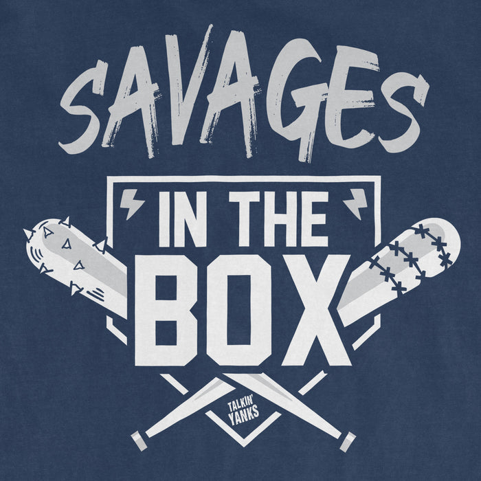 Graphic of a blue T-shirt with the text "Savages in the Box" and illustrations of two spiked baseball bats crossed.