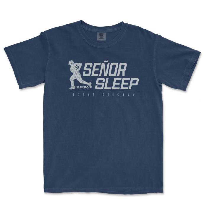 Blue T-shirt featuring a graphic of a baseball player, with the text "Señor Sleep" and "Trent Grisham" below.