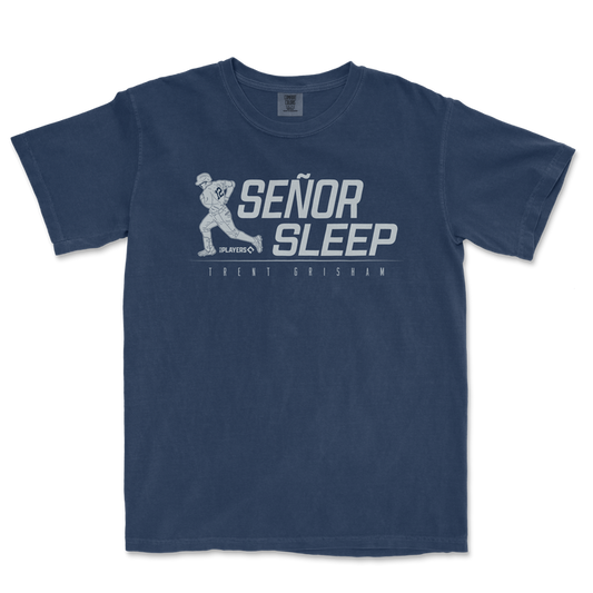 Blue T-shirt featuring a graphic of a baseball player, with the text "Señor Sleep" and "Trent Grisham" below.