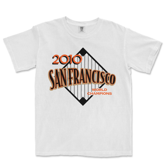 White T-shirt featuring a vintage-style graphic design celebrating the 2010 San Francisco World Champions, with a bridge illustration.